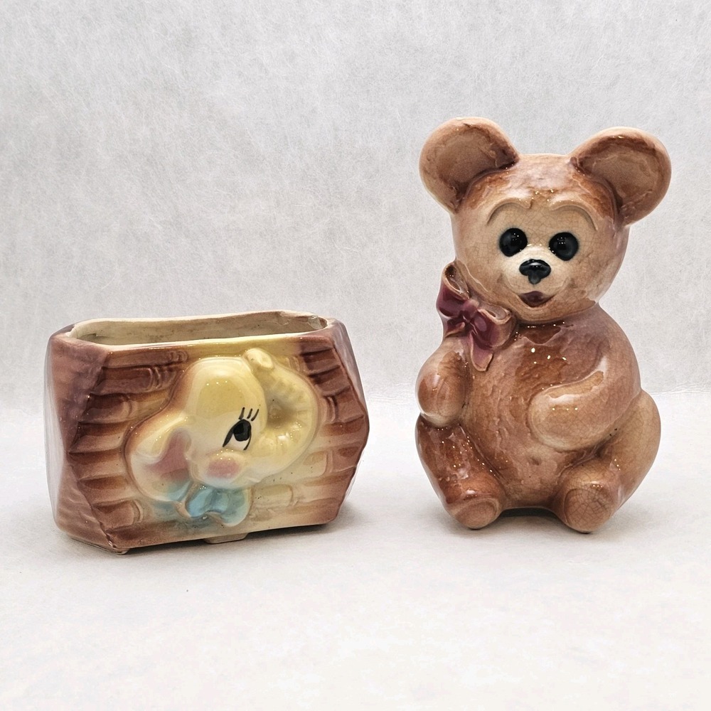 Vintage Royal Copley Ceramic Teddy Bear & Elephant Mid Century Nursery Planters‎